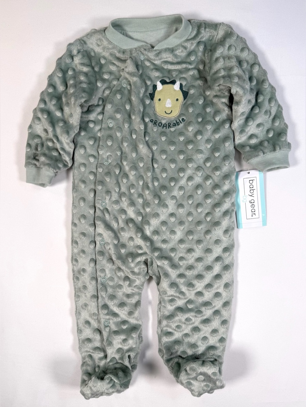 NWT BABY GEAR Unisex Dino Plush Footie Sleeper 6-9M Sage Green Cozy Soft NEW